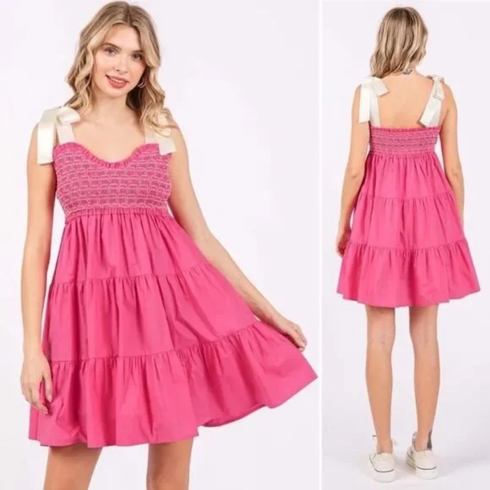 Altar'd State Pink Smocked Mini Dress Layered Skirt Ribbon Ties Size M Cruise